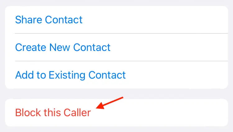 iPhone settings screen showing the option to block a specific phone number